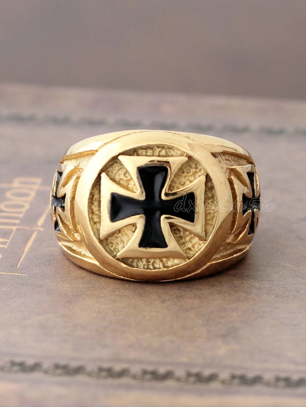 Men's Gold Black Enamel Knights Templar Iron Cross Ring